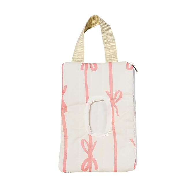 AGLOO Bow Baby Wipes Dispenser - Portable Wet Tissue Storage Bag for Travel, Refillable Diaper Wipe Holder for Car and Stroller – Reusable Hanging Wet Wipe Pouch (Pink-White)