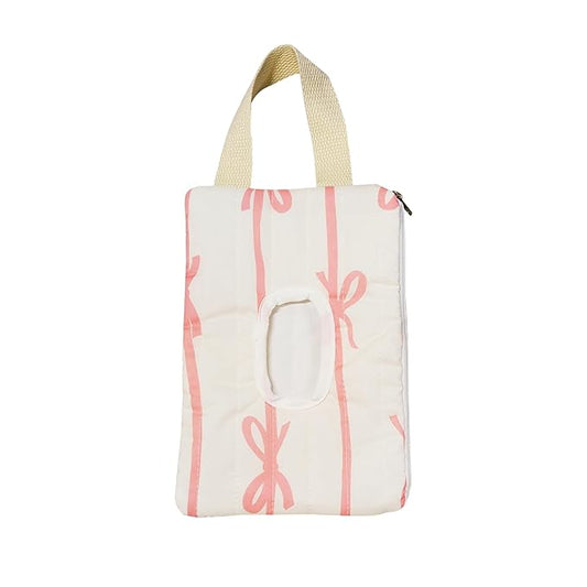 AGLOO Bow Baby Wipes Dispenser - Portable Wet Tissue Storage Bag for Travel, Refillable Diaper Wipe Holder for Car and Stroller – Reusable Hanging Wet Wipe Pouch (Pink-White)