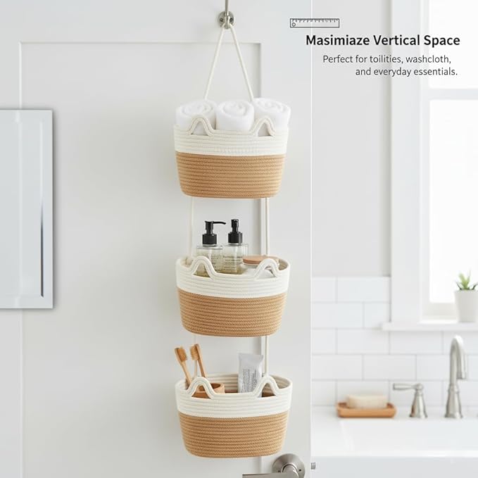 Wall Hanging Baskets, 3-Tier Cotton Over Door Organizer, Decorative Hanging Wall Basket for Wall, Door, Nursery, Living Room, Bathroom, Cat-Like Design Boho Decor, White & Jute