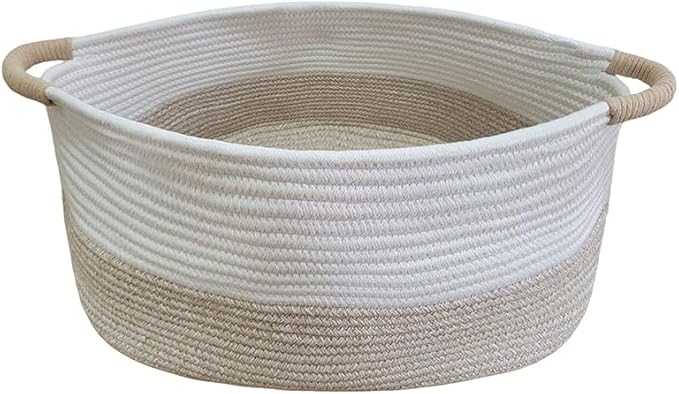 Large Cotton Rope Storage Basket with Handles, Hamper, Laundry Basket, 20 "L x 14" W x 12 "H, Home Decor for Storage Blanket &Toy, etc .(White & Light Khaki)
