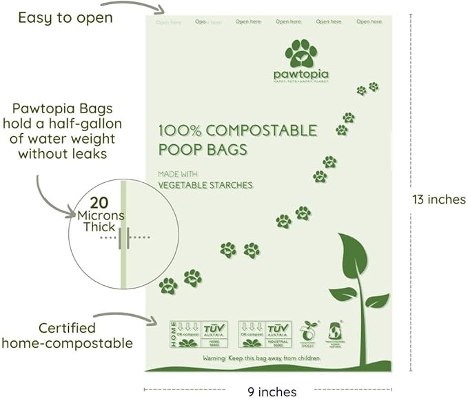 Pawtria Certified Home Compostable Dog Poop Bags (120), Poop Bags for Dogs, Cat Litter, Vegetable Starches, Dog Waste Bags, Leakproof, Easy to Open, Give Back