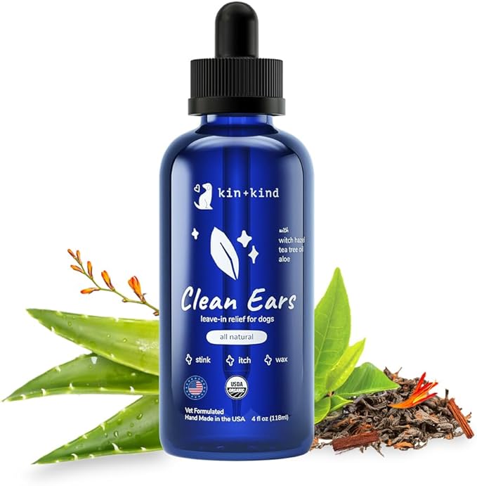 kin+kind Dog Ear Cleaner Solution – Organic Dog Ear Wash & Easy-to-Use Ear Drops for Dogs – Cleans Wax, Dirt & Odor – Gentle Ear Cleaning w/Witch Hazel, Aloe Vera & Tea Tree Oil – Made in USA 4 fl oz