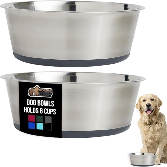 GORILLA GRIP Set of 2 Dog Bowls, Holds 6 Cups (48 fl oz), Heavy Duty Metal Food and Water Bowl for Feeding Dogs and Cats, Dishwasher Safe, Rust Resistant Stainless Steel, BPA Free Rubber Base, Gray