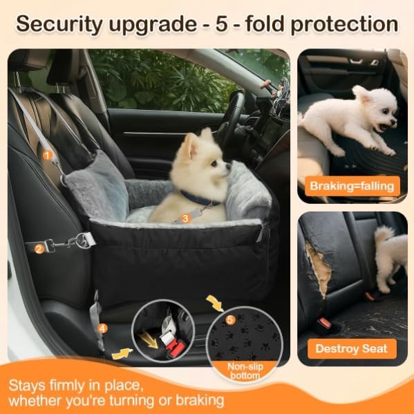 Dog Car Seat for Small Dogs – Pet Safe Soft Booster Car Seat with Side Flaps, Nonslip Base & Clip-On Leash, Storage, Portable Travel Bed Puppy Bags for Outdoor, Holds Up to 25 lbs, Black