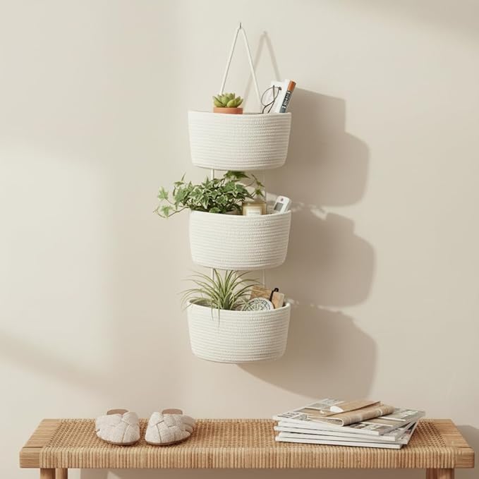 Over the Door Hanging Basket, Decorative Hanging Basket Storage, Organizing, Wall Basket Decorative Boho Decor for Nursery, Bedroom, Living Room with 4 Hooks, Whte