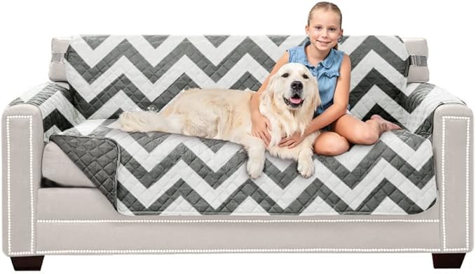Sofa Shield Couch Slip Cover with Patented Strap, Cushion Protector, US Designed Reversible Stain and Dog Tear Resistant Slipcover, 62 inch Seat, Washable Covers for Dogs Pets, Chevron Gray