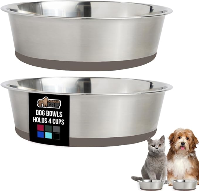 GORILLA GRIP Set of 2 Dog Bowls, Holds 4 Cups (32 fl oz), Heavy Duty Metal Food and Water Bowl for Feeding Dogs and Cats, Dishwasher Safe, Rust Resistant Stainless Steel, BPA Free Rubber Base, Beige