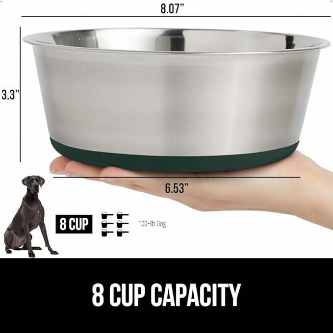 GORILLA GRIP Set of 2 Dog Bowls, Holds 8 Cups (64 fl oz), Heavy Duty Metal Food and Water Bowl for Feeding Dogs and Cats, Dishwasher Safe, Rust Resistant Stainless Steel, BPA Free Rubber Base, Green