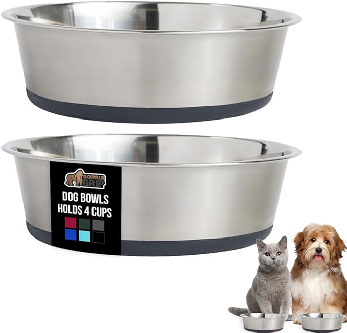 GORILLA GRIP Dog Bowls, Holds 4 Cups Each (32 fl oz), Heavy Duty Stainless Steel Food and Water Bowl for Feeding Dogs and Cats, Dishwasher Safe, Rust Resistant, BPA Free Rubber Base, Set of 2 Gray