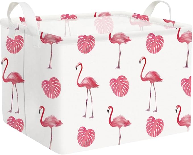 FXOCSHE Flamingo Pink basket,Baby Girl Basket,Collapsible canvas waterproof storage container for kids,Nursery hamper,Toy Organizer,Girls Room decor(Pink flamingos)
