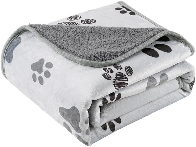 CAPT.SNOOZE Waterproof Dog Blankets Pet Blanket 50"x60", Soft Fluffy Sofa Car Bed Protector, Reversible Sherpa Fleece Dog Blanket for Large Dogs (Light Grey-Paws)