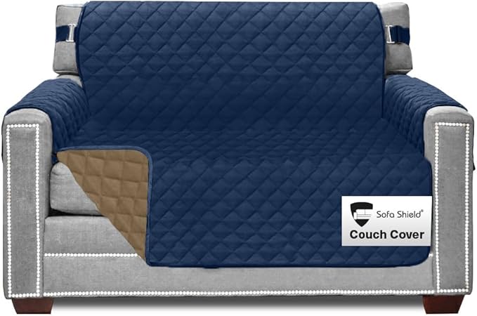 Sofa Shield Couch Armchair Covers for Dogs, Reversible Furniture Protector with Strap, Stain and Tear Resistant Cushion Cover, 48 inch Seat, Machine Washable Slipcover Pets, Cats, Navy Sand