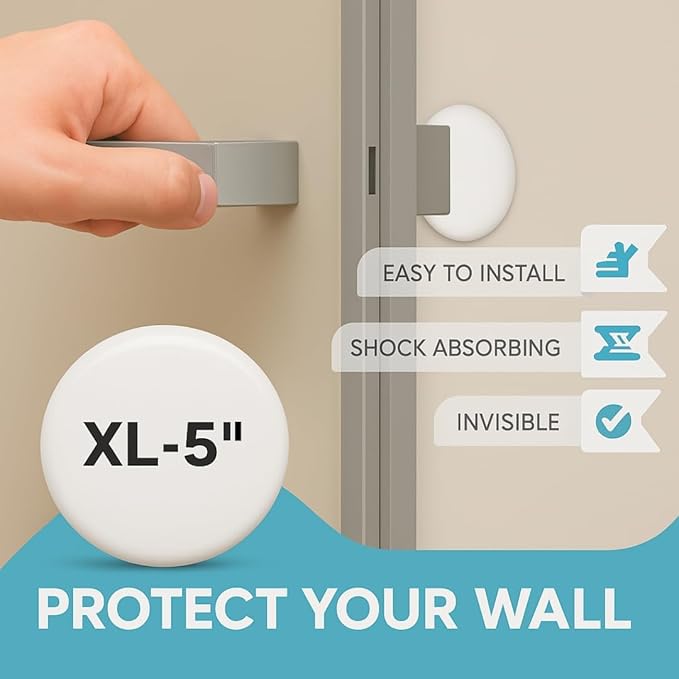 Strongest Home Wall & Door Handle Stopper 5" White Rubber Door Knob, Round Wall Shield Cushion, Quiet Wall Protector for Door Handle, Guard Door Bumper, Self Adhesive (White, X-Large 6 Pack)