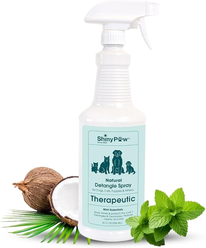 Pet Detangler Spray for Dogs & Cats 32 oz by Shiny Paw | Mint Essentials Detangler Spray | Hypoallergenic Dogs Detangler | Shines & Restores Coat | Made in The USA