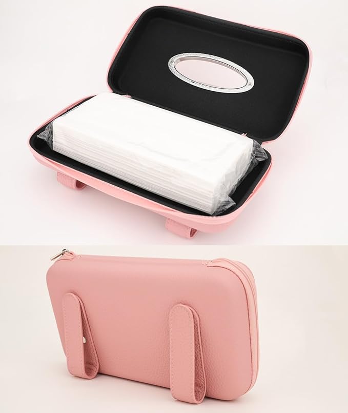 Car Tissue Holder, Sun Visor Tissue Holder, Zipper Car Visor Napkin Holder, PU Leather Backseat Tissue Case for Car,Vehicle (Pink)