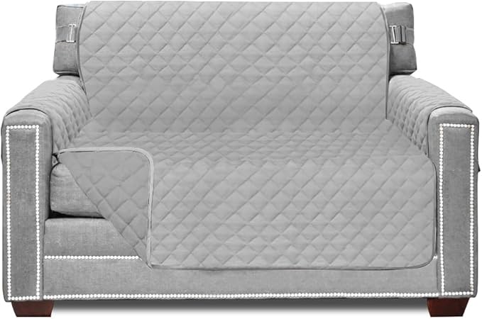 Sofa Shield Armchair Slip Cover with Patented Strap, Cushion Protector, US Designed Reversible Stain and Dog Tear Resistant Slipcover, 48 inch Seat, Washable Covers for Dogs Pets, Light Gray