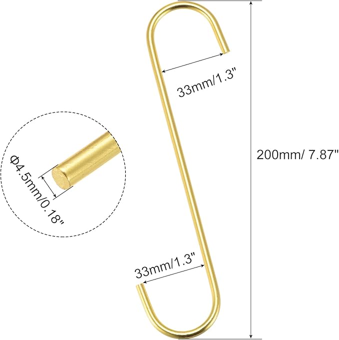 uxcell S Hanging Hooks, 8inch/200mm Extra Long Steel Hanger, Indoor Outdoor Uses for Garden, Bathroom, Closet, Workshop, Kitchen, Gold Tone, 4Pcs