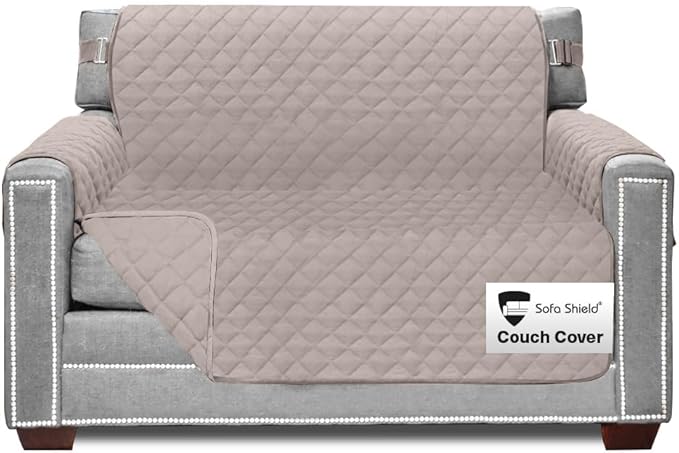 Sofa Shield Armchair Slip Cover with Patented Strap, Cushion Protector, US Designed Reversible Stain and Dog Tear Resistant Slipcover, 48 inch Seat, Washable Covers for Dogs Pets, Light Taupe