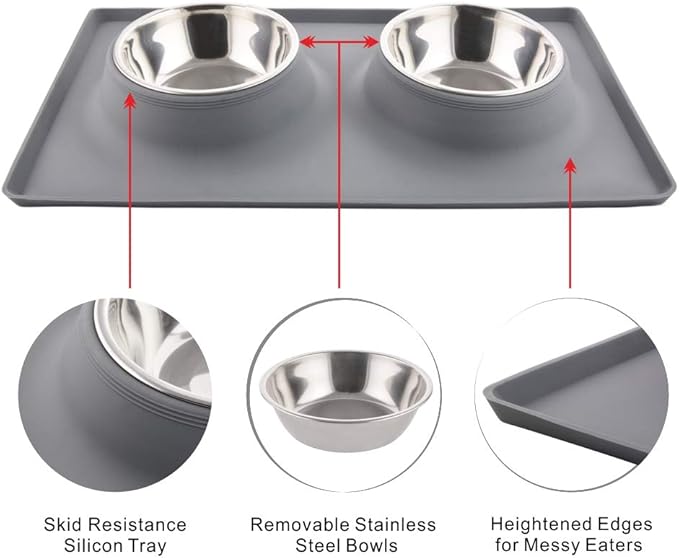 Dog Bowls with Mat, Cat Food Water Bowl Set (13.5oz Each) in No Spill Silicone Mat, Dual Pet Feeder Bowl for Puppy, Cats, Small Medium Dogs (Square, Grey)