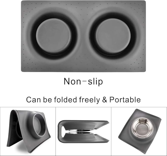 Dog Bowls with Mat, Cat Food Water Bowl Set (13.5oz Each) in No Spill Silicone Mat, Dual Pet Feeder Bowl for Puppy, Cats, Small Medium Dogs (Square, Grey)