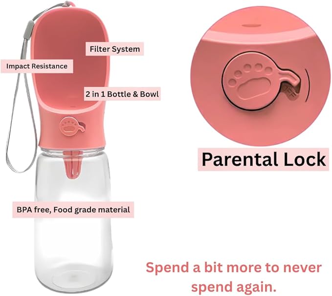 Portable Pet Water Bottle with Drinking Bowl, 12 oz, Pink and Turquoise (Pink, Medium)