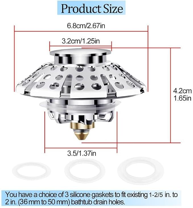 3-in-1 Bathtub Drain Stopper with Hair Catcher – Universal Tub Drain Plug for 1-3/8" to 2" Holes, Pop-Up Tub Stopper for Bathroom Sink, Anti-Clog Shower Strainer by PROFECTUS