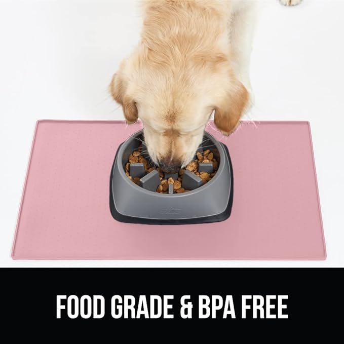 GORILLA GRIP 100% Waterproof Raised Edge BPA Free Silicone Pet Feeding Mat, Dog Cat Food Mats Contain Spills Protects Floors, Placemats for Cats and Dogs Water Bowl, Pets Accessories 23x15 Pink