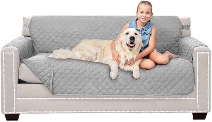 Sofa Shield Couch Slip Cover with Patented Strap, Cushion Protector, US Designed Reversible Stain and Dog Tear Resistant Slipcover, 62 inch Seat, Washable Covers for Dogs Pets, Light Gray