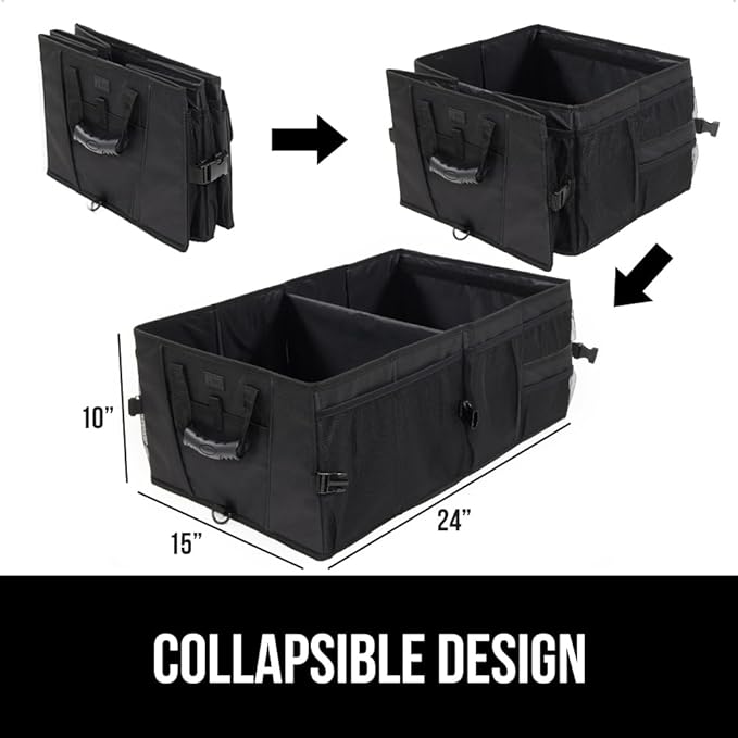 GORILLA GRIP Large Capacity Sturdy Trunk Storage Organizer, Slip and Water Resistant Collapsible Organization Container, Holiday Gifts for Men, Women, Multi Compartment Car or SUV Accessories, Black