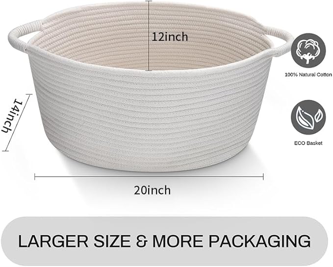 Large Cotton Rope Storage Basket with Handles, Hamper, Laundry Basket, 20 "L x 14" W x 12 "H, Home Decor to Storage Blanket &Toy, etc .(White)