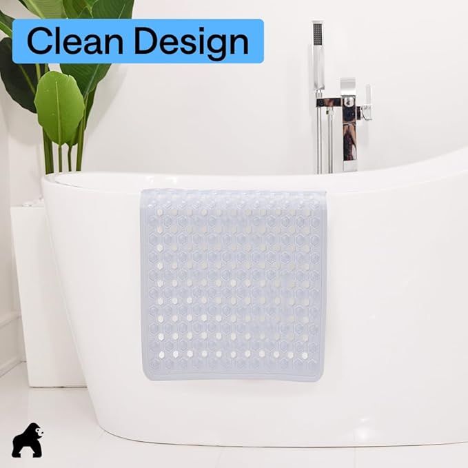GORILLA GRIP Patented Square Shower Stall Mat, Small Bathtub Floor Mats for Stand Up Showers with Suction Cups and Drainage Holes, Machine Wash, Soft on Feet, Bathroom Accessories 21x21 Inch, Clear