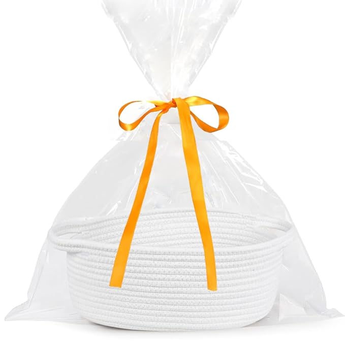 ABenkle Small Basket Empty Gift Basket, Decorative Boho Rope Woven Nursery Storage Organizer Dog Toy Baskets for Baby Showers Christmas Easter with Gift Bags and Ribbons, 12"X 8" X 5"