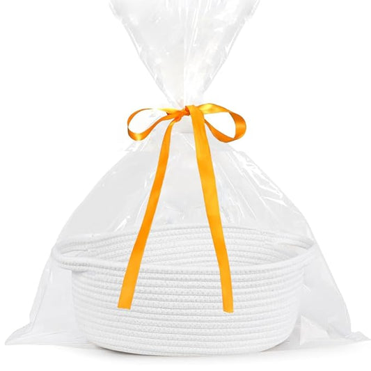 ABenkle Small Basket Empty Gift Basket, Decorative Boho Rope Woven Nursery Storage Organizer Dog Toy Baskets for Baby Showers Christmas Easter with Gift Bags and Ribbons, 12"X 8" X 5"