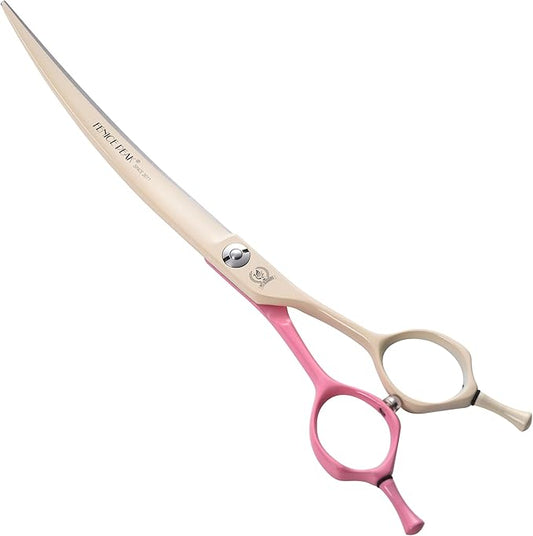Fenice Peak Curved Dog Grooming Scissors with Coating 440C Stainless Steel, 7 inch Professional Curved Shears Dog Grooming，25 Degree of Curved Blade，Pet Shears for Trimming Face and Paws, Pink & White