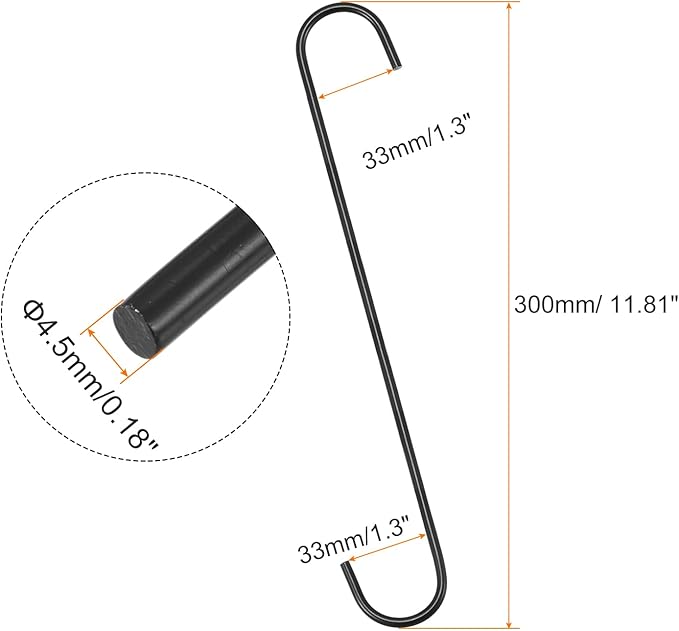 uxcell S Hanging Hooks, 12inch/300mm Extra Long Steel Hanger, Indoor Outdoor Uses for Garden, Bathroom, Closet, Workshop, Kitchen, Black, 4Pcs