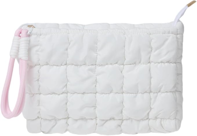 Puffy Quilted Makeup Bag Cosmetic Bag Equipped with a Detachable Handle Cute Zipper Pouch for Storage Clutch for Women(White)
