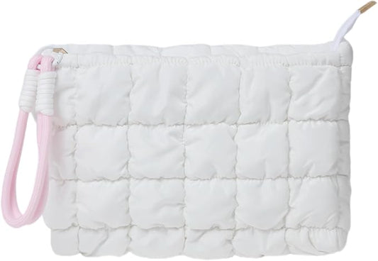 Puffy Quilted Makeup Bag Cosmetic Bag Equipped with a Detachable Handle Cute Zipper Pouch for Storage Clutch for Women(White)