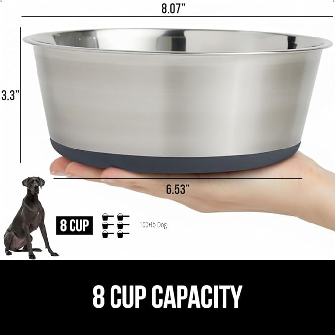 GORILLA GRIP Set of 2 Dog Bowls, Holds 8 Cups (64 fl oz), Heavy Duty Metal Food and Water Bowl for Feeding Dogs and Cats, Dishwasher Safe, Rust Resistant Stainless Steel, BPA Free Rubber Base, Gray