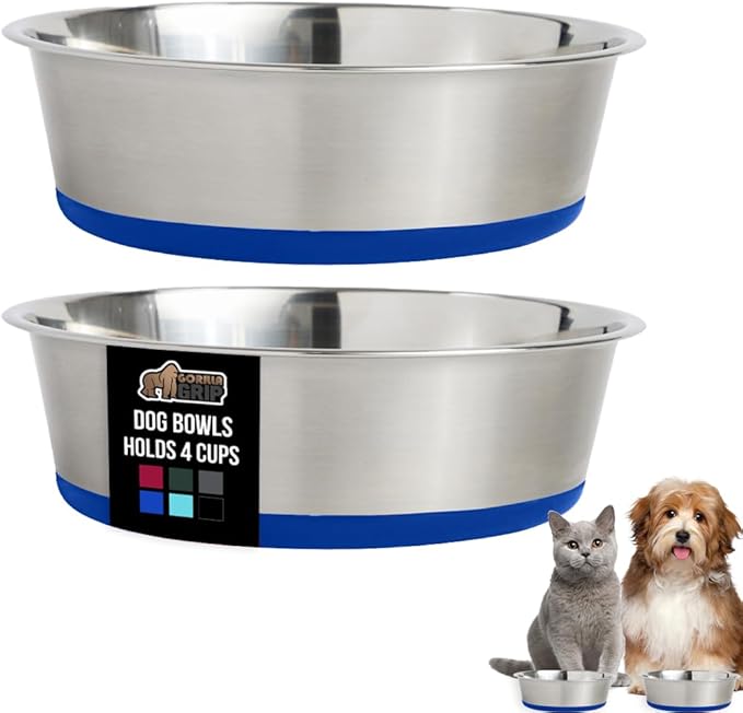 GORILLA GRIP Dog Bowls, Holds 4 Cups Each (32 fl oz), Heavy Duty Stainless Steel Food and Water Bowl for Feeding Dogs and Cats, Dishwasher Safe, Rust Resistant, BPA Free Rubber Base, Set of 2 Blue