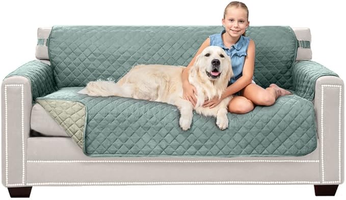 Sofa Shield Couch Slip Cover with Patented Strap, Cushion Protector, US Designed Reversible Stain and Dog Tear Resistant Slipcover, 62 inch Seat, Washable Covers for Dogs Pets, Seafoam Cream