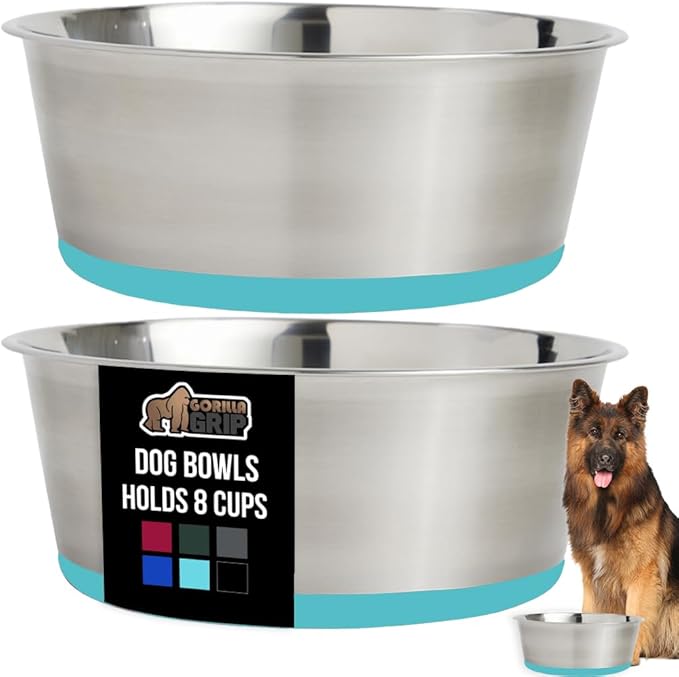 GORILLA GRIP Set of 2 Dog Bowls, Holds 8 Cups (64 fl oz), Heavy Duty Metal Food and Water Bowl for Feeding Dogs and Cats, Dishwasher Safe Rust Resistant Stainless Steel, BPA Free Rubber Base Turquoise