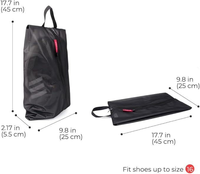 pack all Plus-Sized Shoe Bag for Travel, Water-Resistant Shoe Pouch for Gym, Odor-Resistant Soccer Cleats Bag for Sport (Black, 2-Pack)