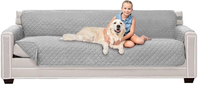 Sofa Shield Couch Slip Cover with Patented Strap, Cushion Protector, US Designed Reversible Stain and Dog Tear Resistant Slipcover, 88 inch Seat, Washable Covers for Dogs Pets, Light Gray