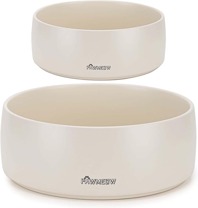 Ceramic Dog Bowl - 2 Piece Modern Pet Feeding Bowl, Spill Resistant, Heavy Duty for Small & Large Dogs (Beige, 5.5-8inch)