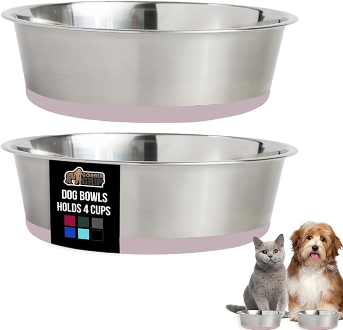 GORILLA GRIP Dog Bowls, Holds 4 Cups Each (32 fl oz), Heavy Duty Stainless Steel Food and Water Bowl for Feeding Dogs and Cats, Dishwasher Safe, Rust Resistant, BPA Free Rubber Base, Set of 2 Pink