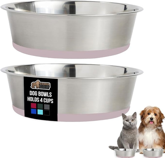 GORILLA GRIP Dog Bowls, Holds 4 Cups Each (32 fl oz), Heavy Duty Stainless Steel Food and Water Bowl for Feeding Dogs and Cats, Dishwasher Safe, Rust Resistant, BPA Free Rubber Base, Set of 2 Pink