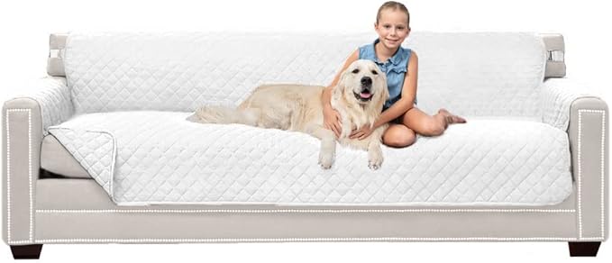 Sofa Shield Couch Slip Cover with Patented Strap, Cushion Protector, US Designed Reversible Stain and Dog Tear Resistant Slipcover, 88 inch Seat, Washable Covers for Dogs Pets Kids, White