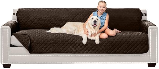 Sofa Shield Couch Slip Cover with Patented Strap, Cushion Protector, US Designed Reversible Stain and Dog Tear Resistant Slipcover, 88 inch Seat, Washable Covers for Dogs Pets, Chocolate