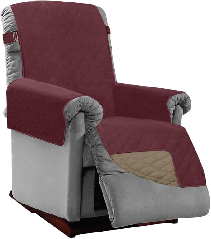 Sofa Shield Recliner Slip Cover with Patented Strap, Cushion Protector, US Designed Reversible Stain and Dog Tear Resistant Slipcover, 25 inch Seat, Washable Covers for Dogs Pets, Burgundy Tan