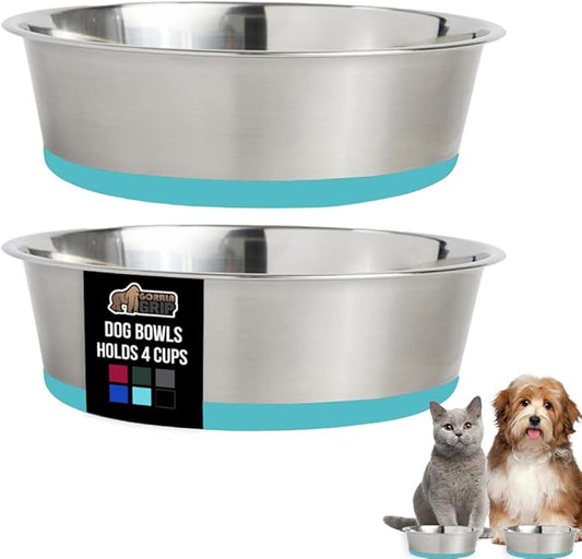 GORILLA GRIP Dog Bowls, Holds 4 Cups Each (32 fl oz), Heavy Duty Stainless Steel Food and Water Bowl for Feeding Dogs and Cats, Dishwasher Safe, Rust Resistant, BPA Free Rubber Base Set of 2 Turquoise